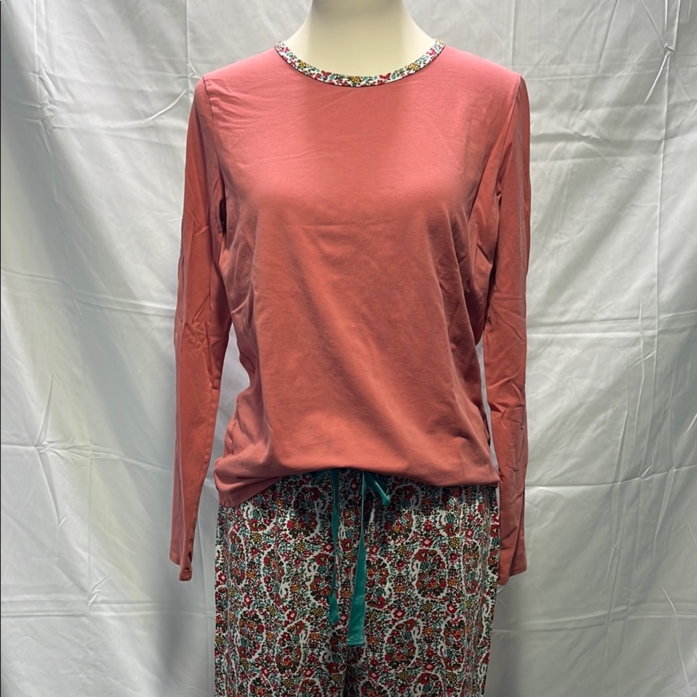 Floral Trim Coral Long Sleeve pj set